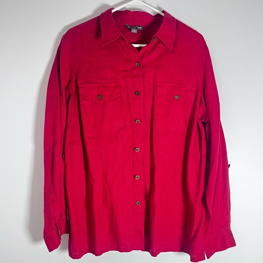 GO SILK, 100% Linen Red Button-Down Shirt w/Pockets & Adjustable Sleeves Size 1X
